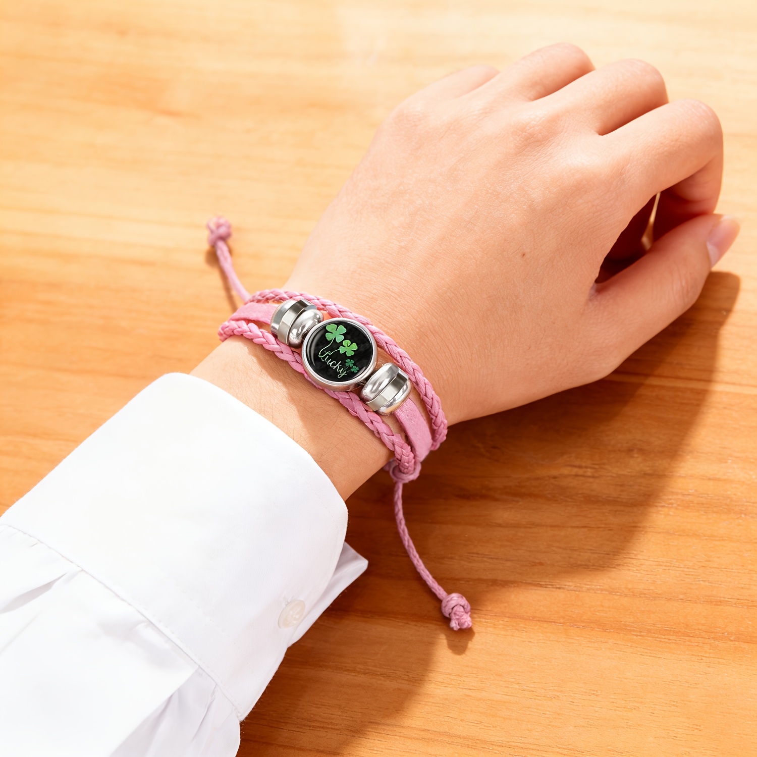 Women's Pink Bracelet with Green Four-Leaf Clover